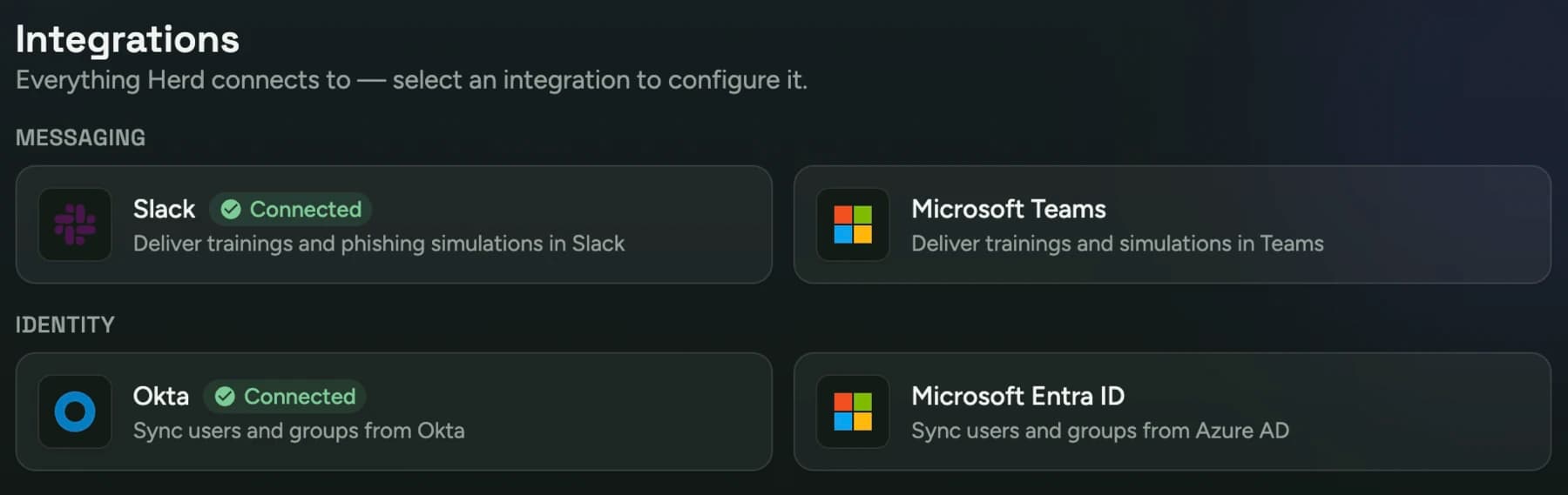 Herd's integrations settings, with Slack and Microsoft Teams under Messaging and Okta and Microsoft Entra ID under Identity. Slack and Okta are marked connected.