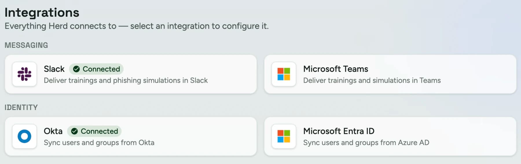 Herd's integrations settings, with Slack and Microsoft Teams under Messaging and Okta and Microsoft Entra ID under Identity. Slack and Okta are marked connected.