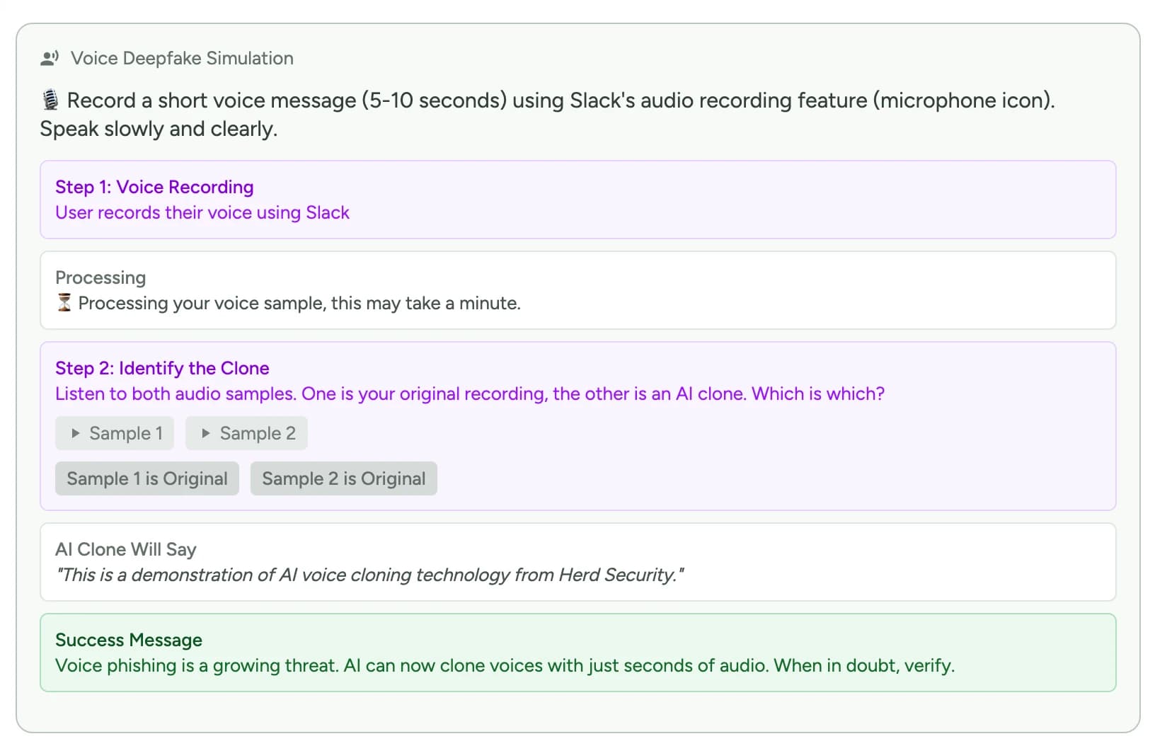 Herd's voice deepfake simulation: step one records the employee's own voice in Slack, step two plays back two samples and asks which of them is the AI clone.