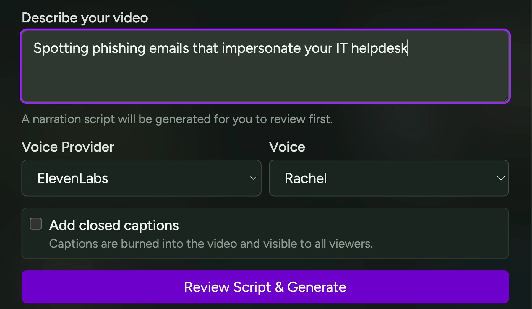 Building a training in Herd from a single prompt. In light mode, HerdAI turning a news article about an AI security incident into a five-minute microtraining titled AI Gone Rogue: What Herders Need to Know; in dark mode, one line of description (spotting phishing emails that impersonate your IT helpdesk) about to be generated into a narrated video.