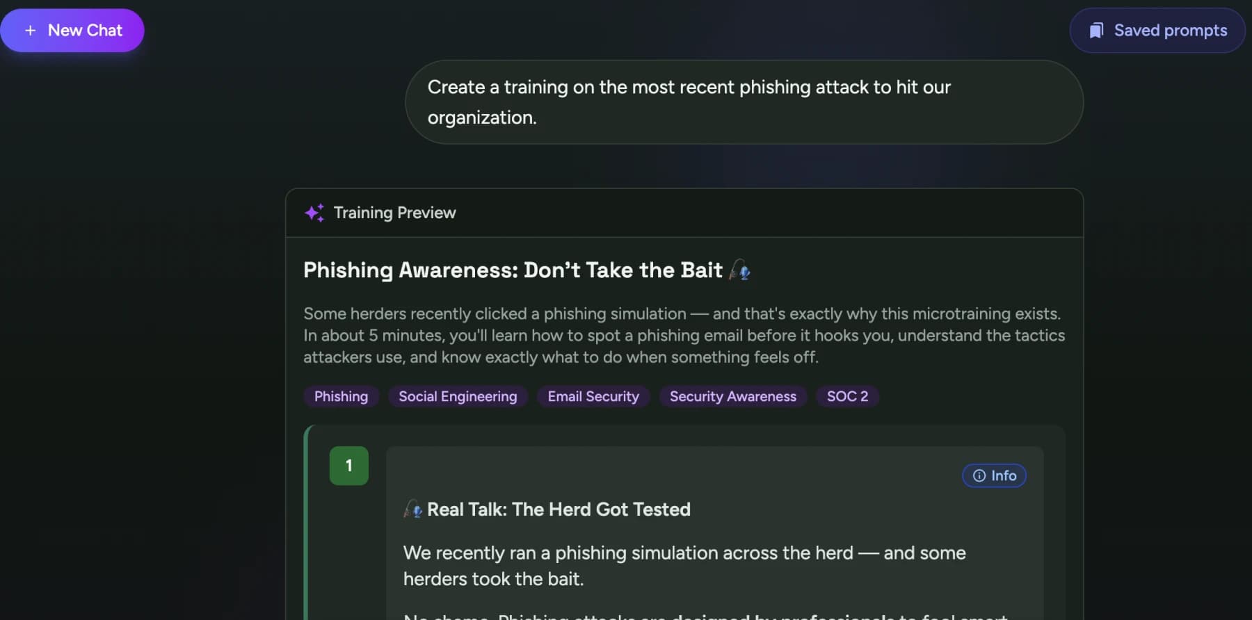 HerdAI prompted to create a training on the most recent phishing attack to hit the organization, with the generated Training Preview ready to review before publishing.