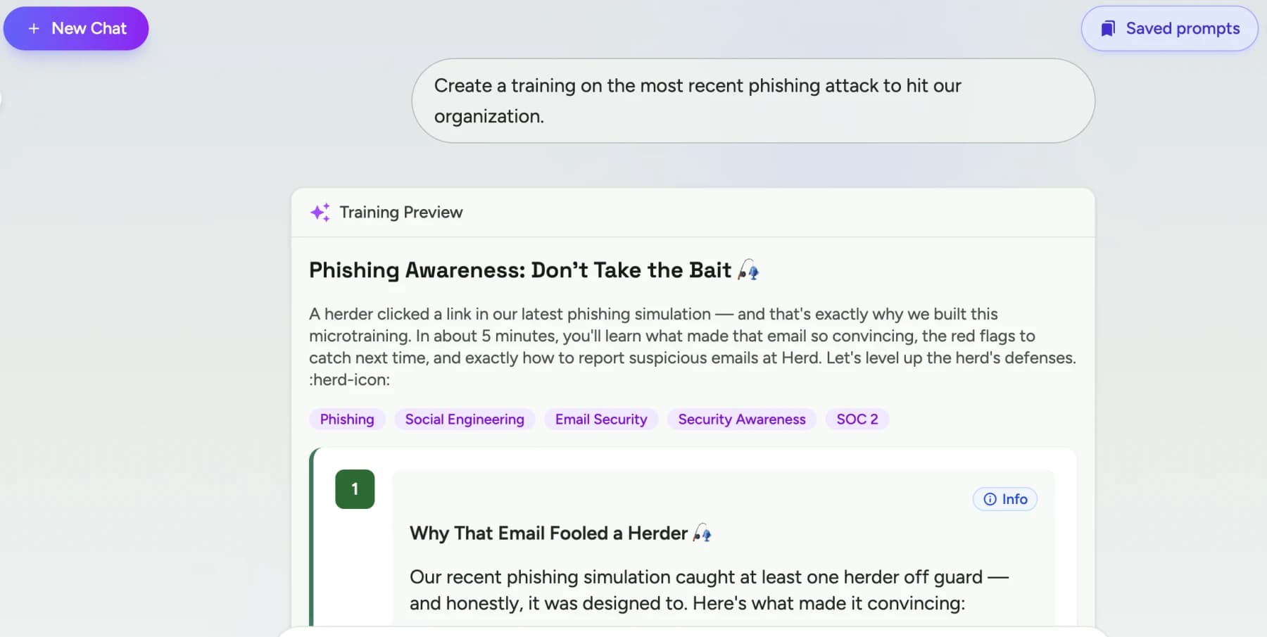 HerdAI prompted to create a training on the most recent phishing attack to hit the organization, with the generated Training Preview ready to review before publishing.