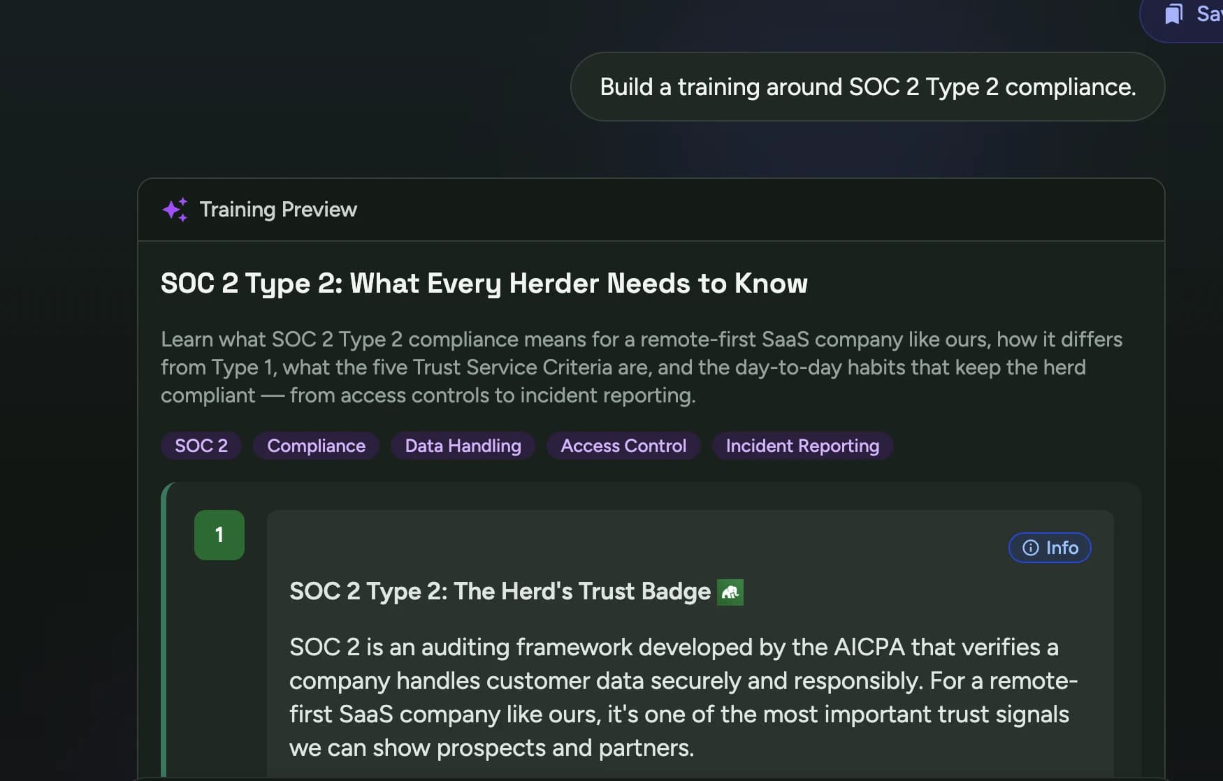 Herd building a training from the prompt 'Build a training around SOC 2 Type 2 compliance': a preview titled 'SOC 2 Type 2: What Every Herder Needs to Know', tagged SOC 2, Compliance, Data Security, Trust Service Criteria, and Audit Readiness, opening on Type 1 versus Type 2.