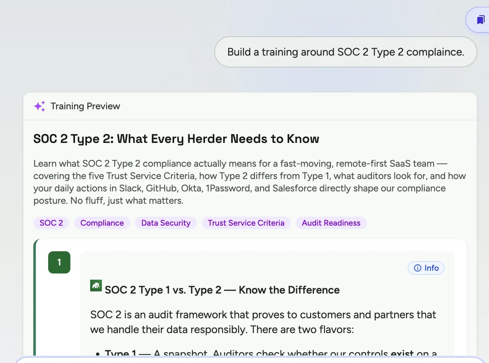 Herd building a training from the prompt 'Build a training around SOC 2 Type 2 compliance': a preview titled 'SOC 2 Type 2: What Every Herder Needs to Know', tagged SOC 2, Compliance, Data Security, Trust Service Criteria, and Audit Readiness, opening on Type 1 versus Type 2.