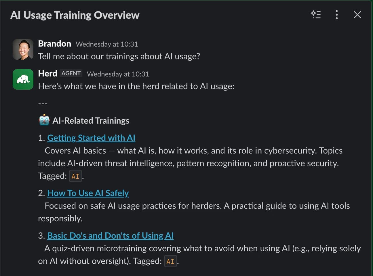 The Herd agent answering a teammate in Slack, listing three AI-usage trainings with links and pointing to the related AI chatbot policy.