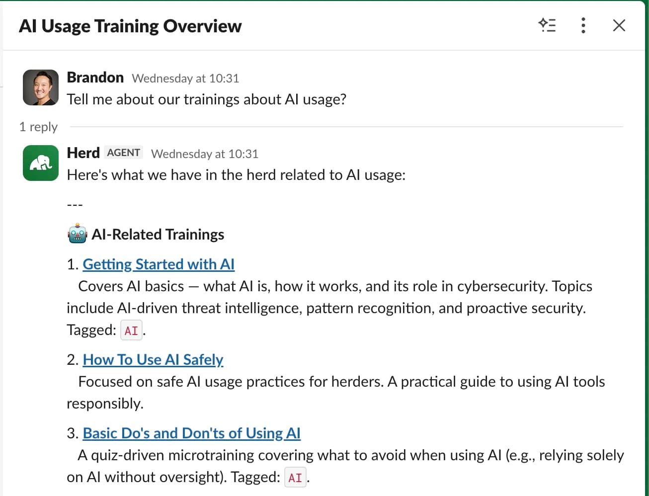 The Herd agent answering a teammate in Slack, listing three AI-usage trainings with links and pointing to the related AI chatbot policy.