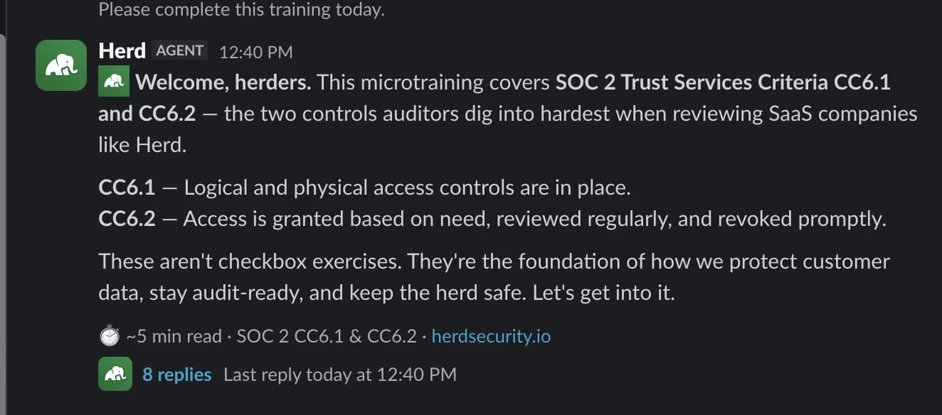 A Herd microtraining landing in Slack: a five-minute lesson covering SOC 2 Trust Services Criteria CC6.1 and CC6.2, with the thread's replies below.