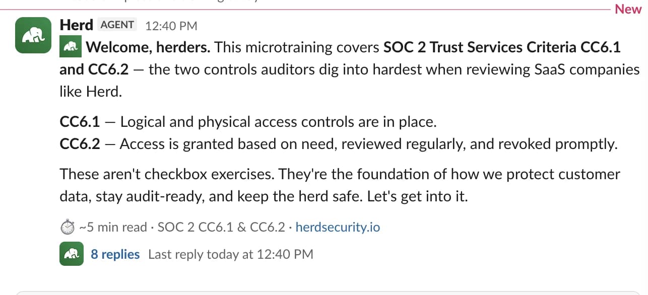 A Herd microtraining landing in Slack: a five-minute lesson covering SOC 2 Trust Services Criteria CC6.1 and CC6.2, with the thread's replies below.