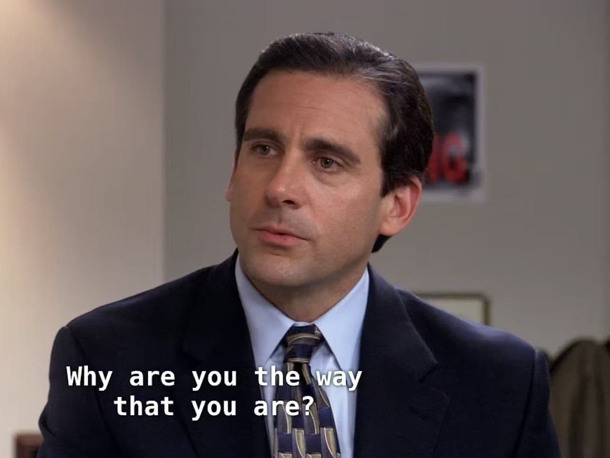 Michael Scott from The Office looking wearily at the camera, captioned "Why are you the way that you are?"